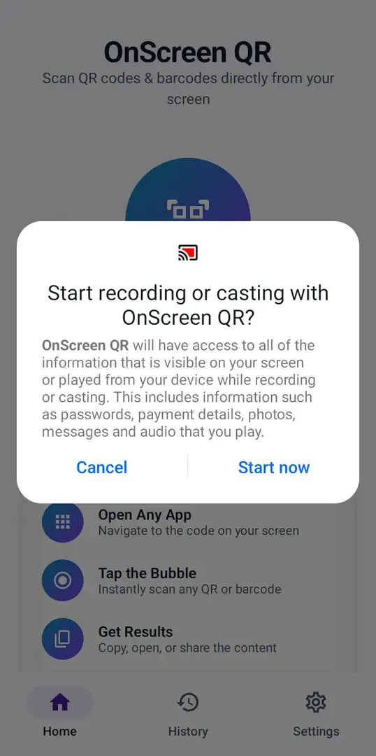 OnScreen QR permission Screen